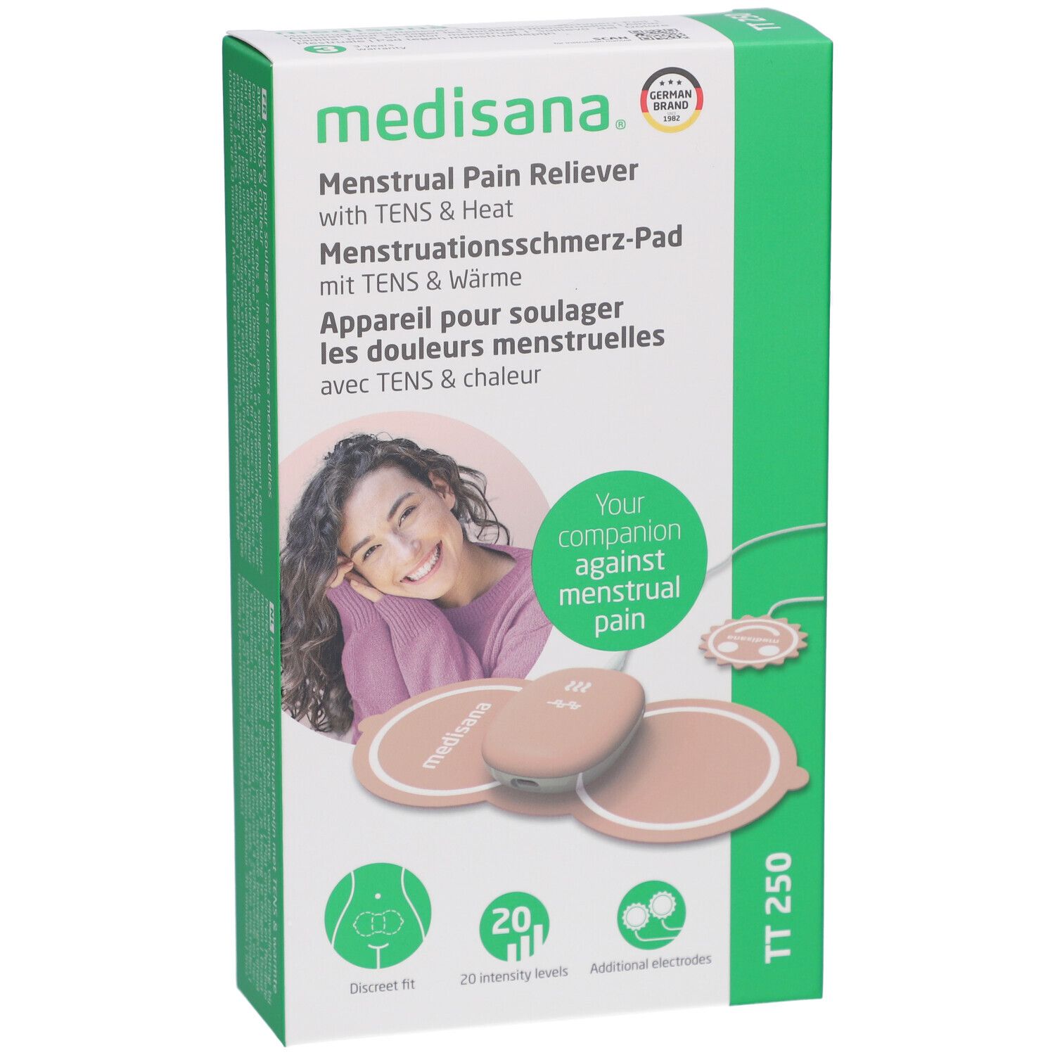 Confezione Medisana Pad antidolorifico mestruale TT 250. Pad con TENS e calore. Rosa e verde.