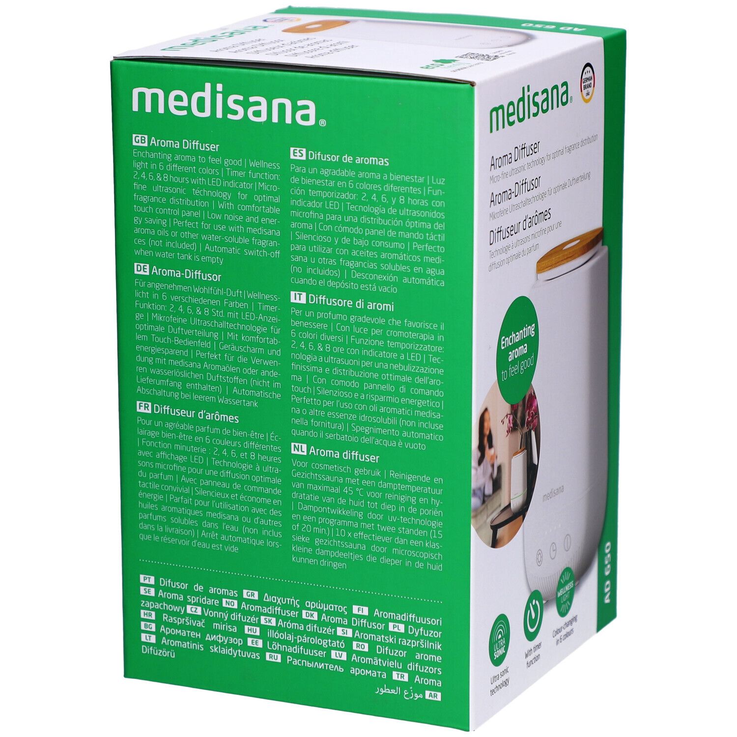 Retro della confezione. Testo multilingue. Prodotto: diffusore di aromi. Marchio: medisana. Confezione verde.