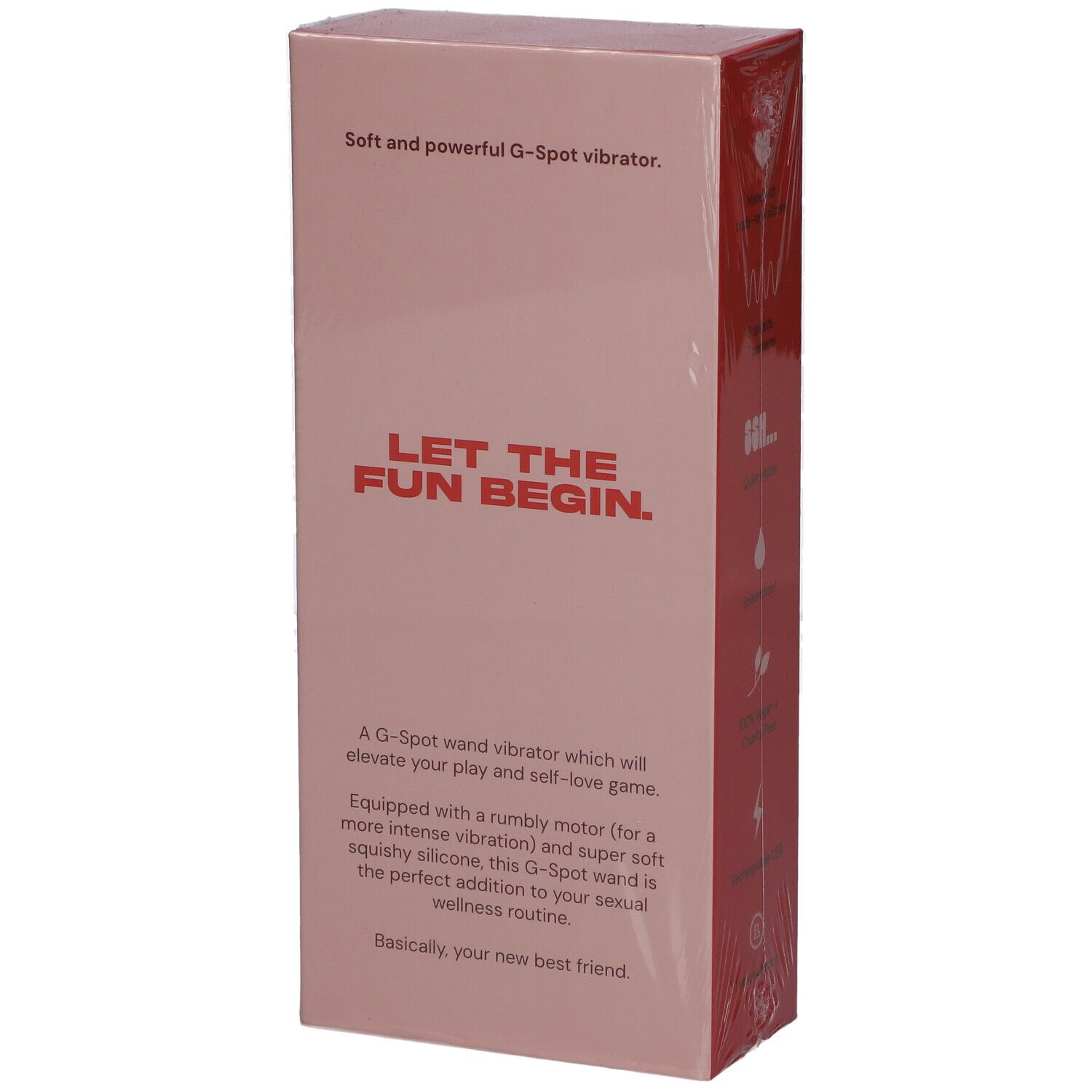 Confezione rosa con testo "LET THE FUN BEGIN". Descrive un vibratore per il punto G.