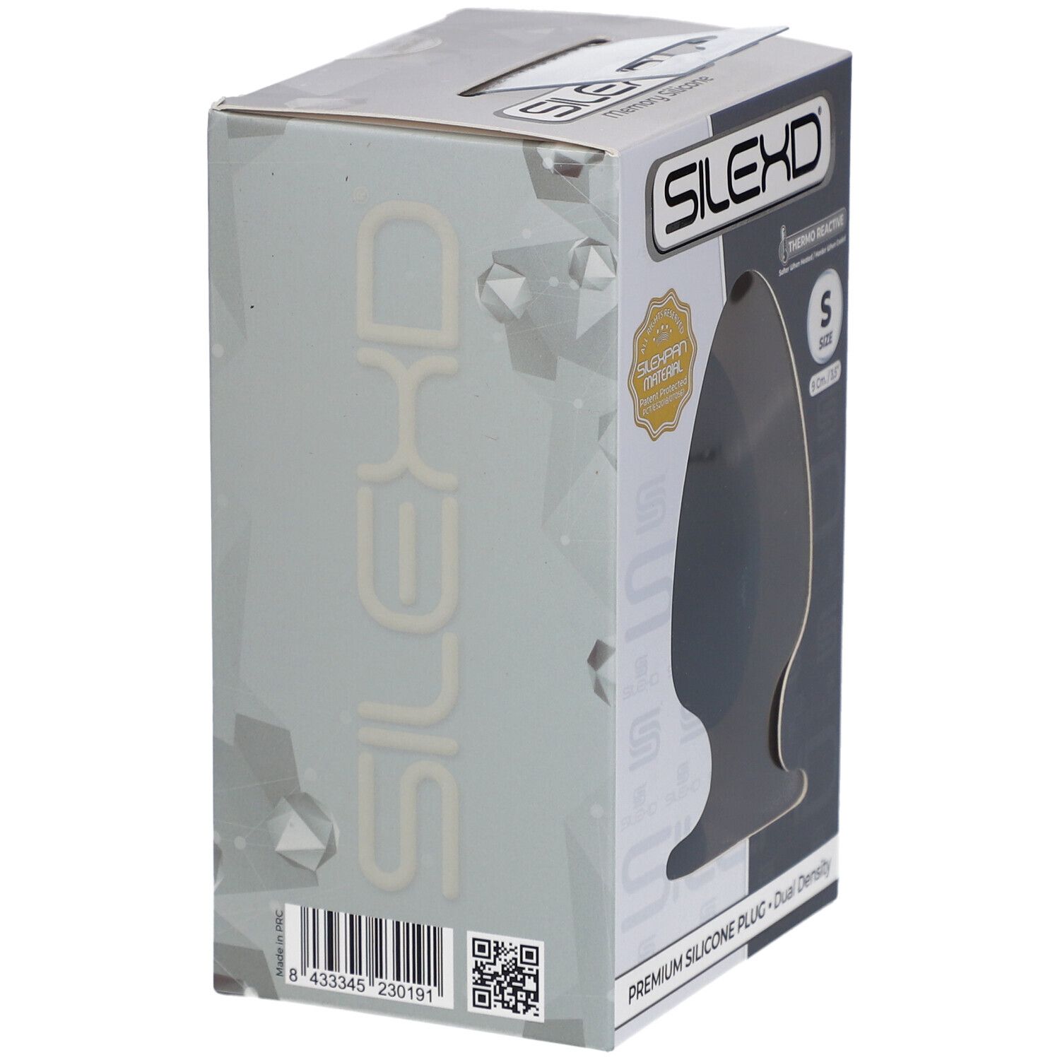 Confezione con plug in silicone nero. Logo SilexD. Misura S. Codice a barre e QR.