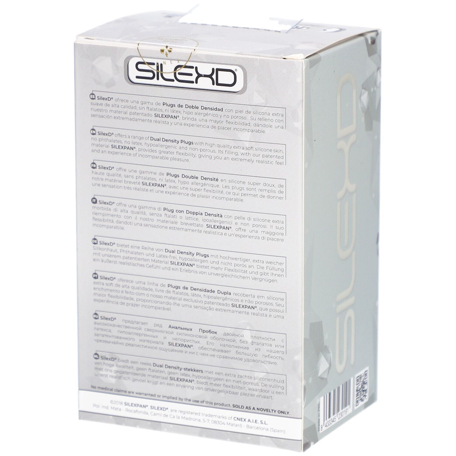 Retro confezione con testo multilingue. Logo SilexD. Informazioni prodotto.