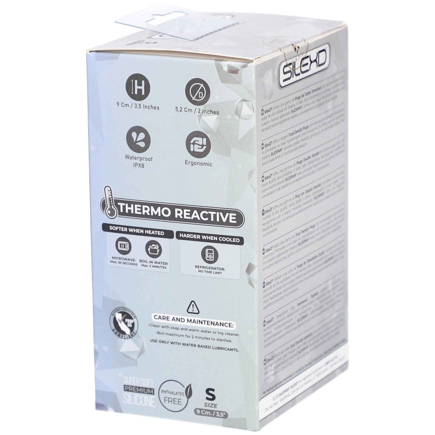 Confezione con informazioni prodotto. Thermo Reactive. Misura S, 9 x 5,2 cm. Logo SilexD.