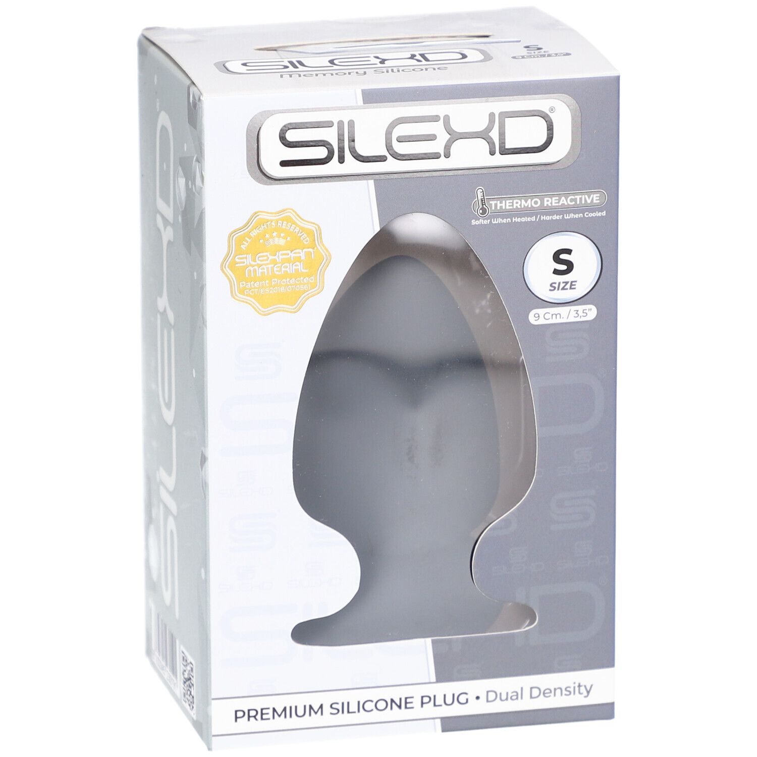 Confezione con plug in silicone grigio. Misura S, 9 x 5,2 cm. Logo SilexD. Thermo Reactive.
