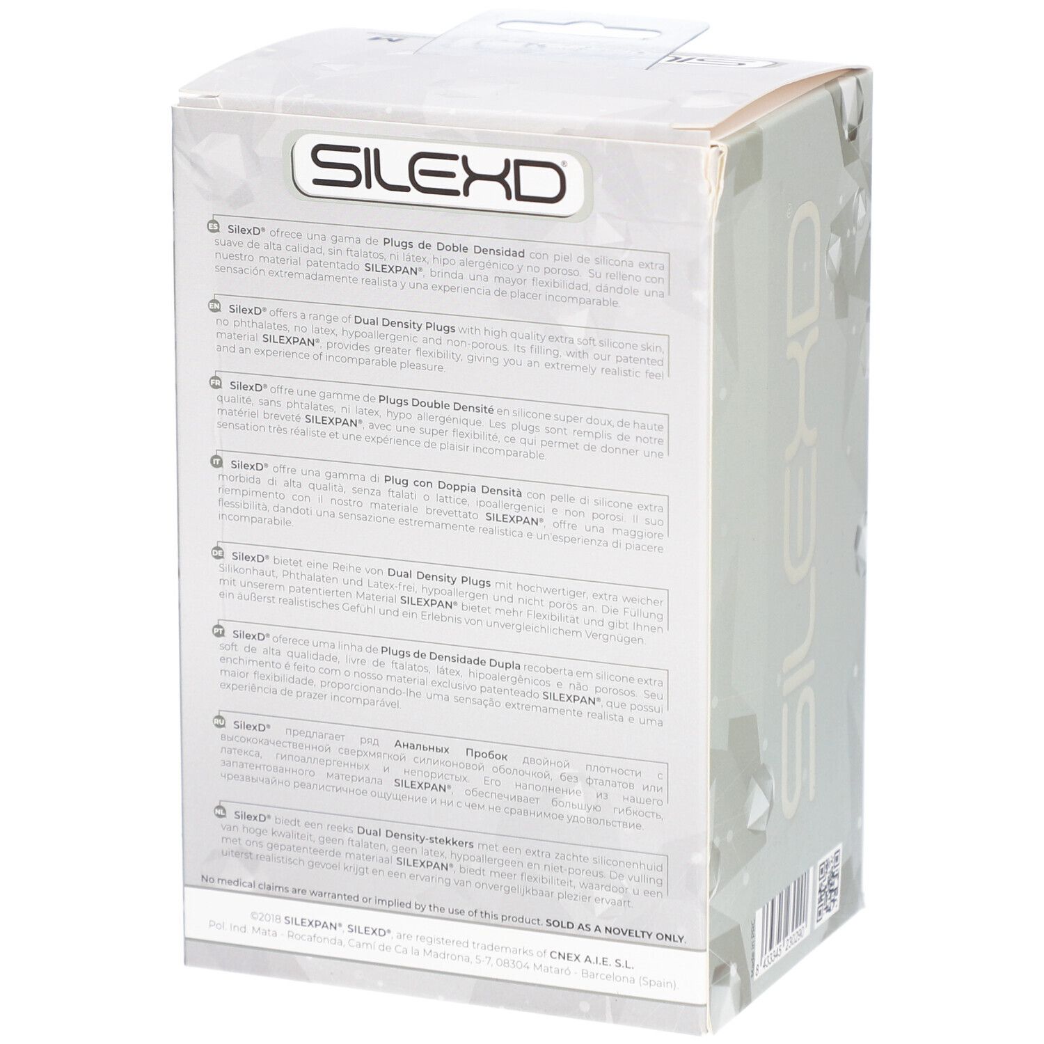 Retro della confezione del plug in silicone. Testo multilingue. Marca SILEXD.