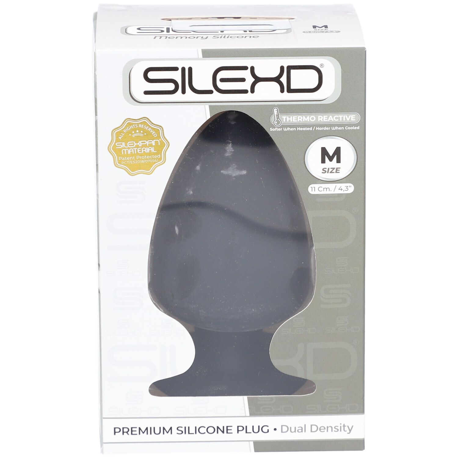 Plug in silicone nero in confezione. Marca: SILEXD. Taglia M, 11 cm. Thermo Reactive.