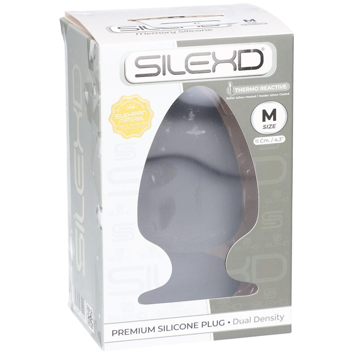 Plug in silicone nero in confezione. Marca: SILEXD. Taglia M, 11 cm. Thermo Reactive.
