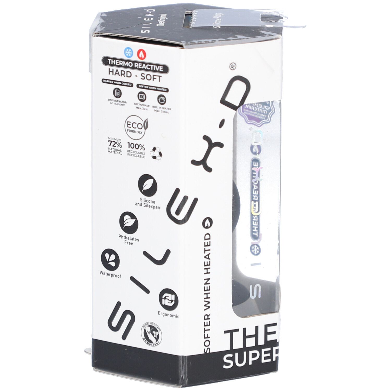 Confezione con plug in silicone nero. Scritte: "Thermo Reactive", "Eco Friendly", "Waterproof".