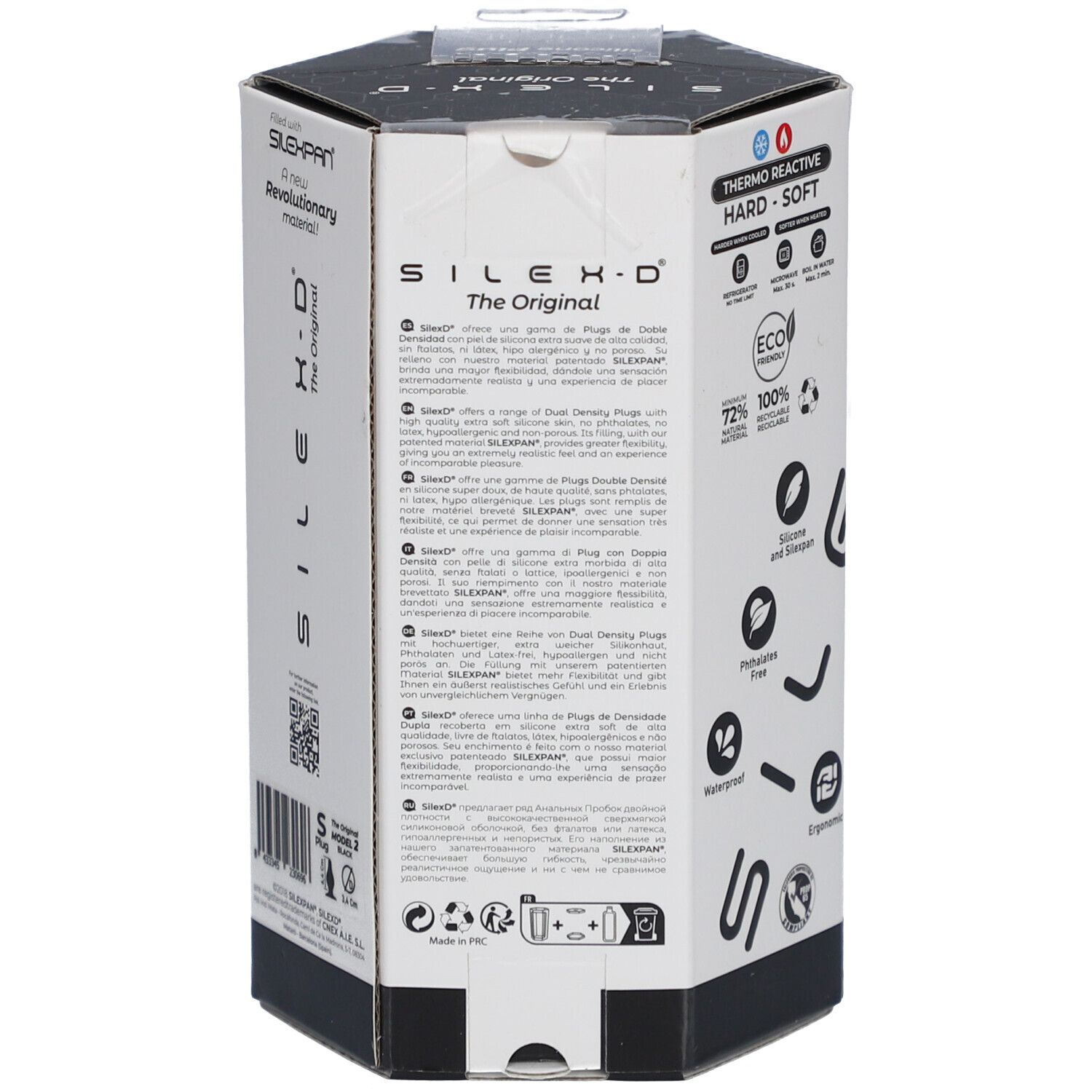 Retro della confezione. Testo multilingue. Loghi per silicone, impermeabile, ergonomico.