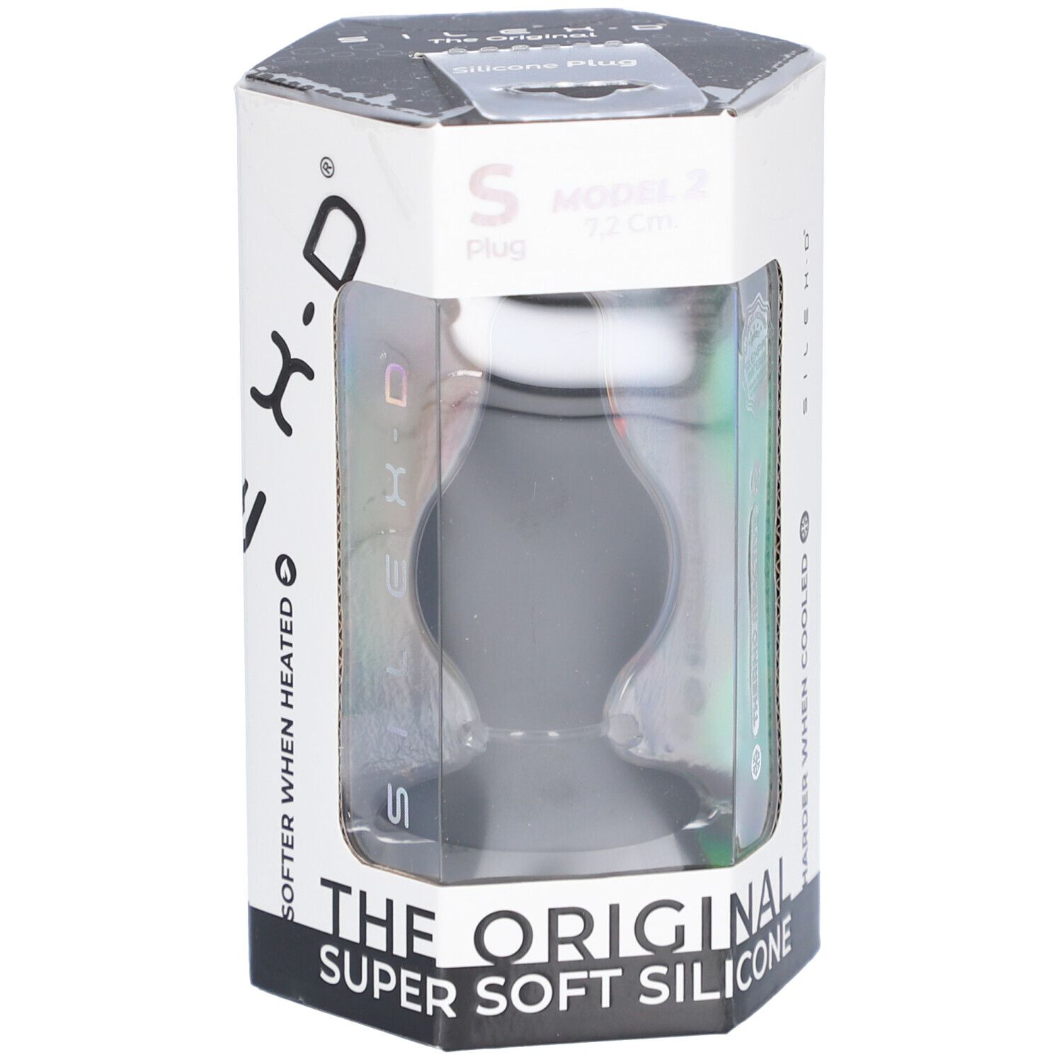 Plug in silicone nero in confezione. Modello 2, 7,2 cm. Scritta: "The Original Super Soft Silicone".