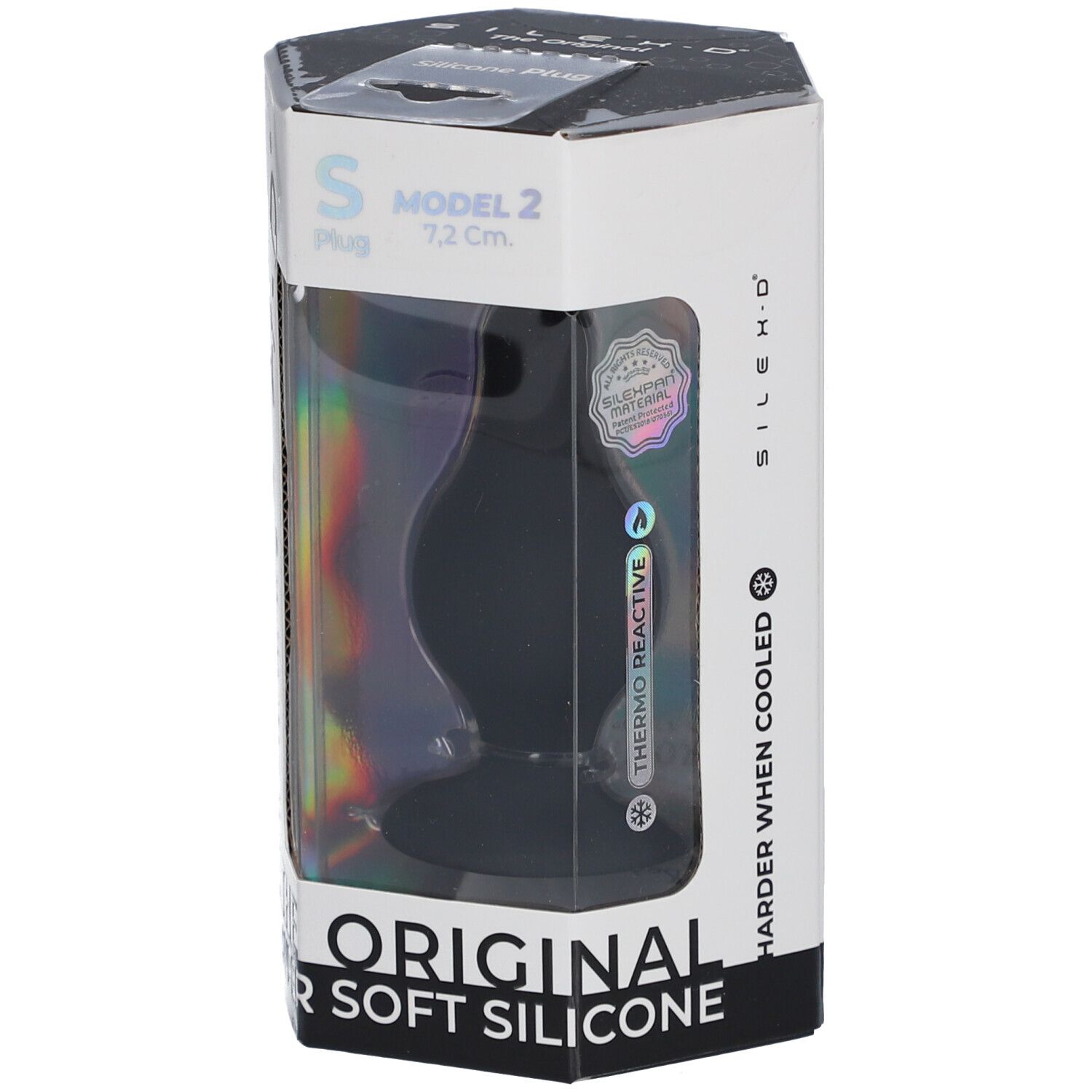 Confezione con plug in silicone nero. Modello 2, 7,2 cm. Scritte: "Thermo Reactive", "Original Super Soft Silicone".