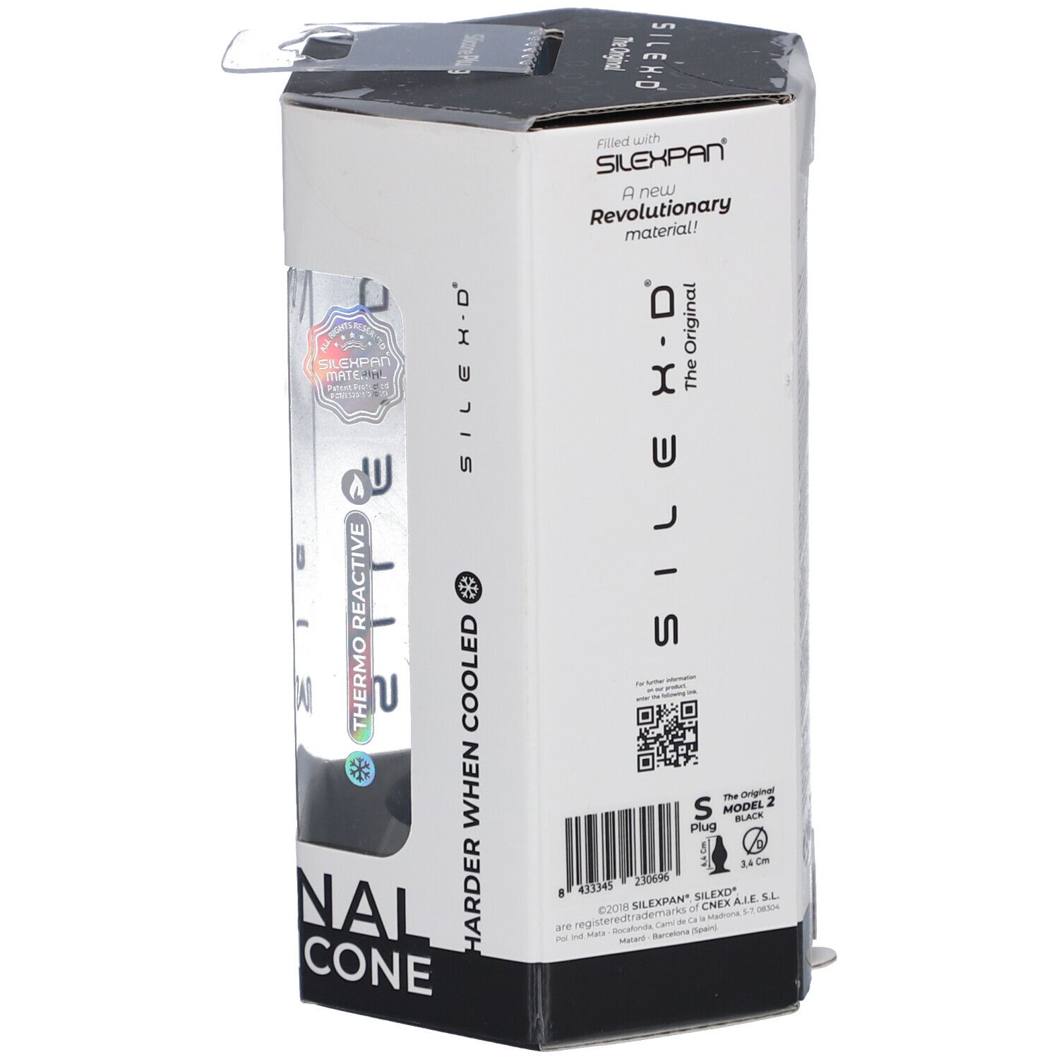 Confezione con plug in silicone nero. Scritte: "Thermo Reactive", "Original Super Soft Silicone".