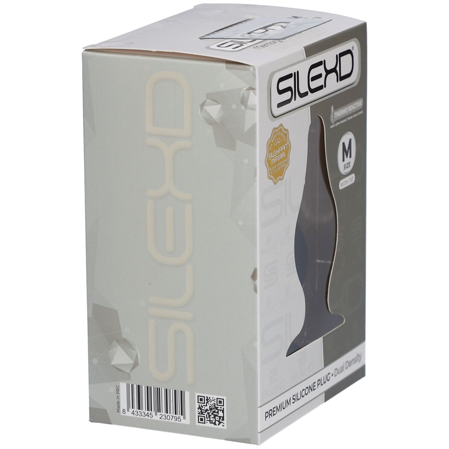 Retro della confezione SilexD. Nome del prodotto e marchio. Codice a barre e QR code.