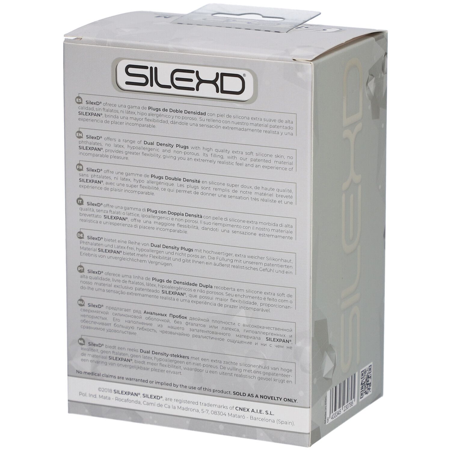 Retro della confezione SilexD con informazioni sul prodotto in più lingue.
