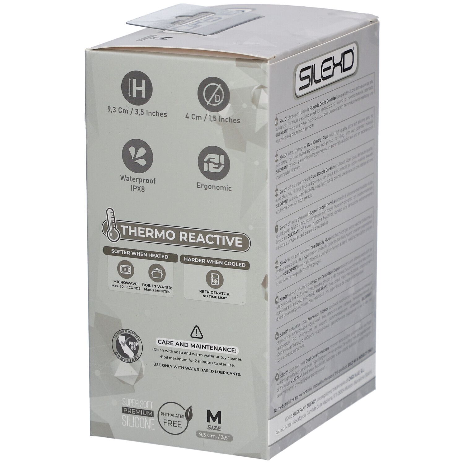 Lato della confezione SilexD. Caratteristiche: impermeabile, ergonomico, termo reattivo. Taglia M.