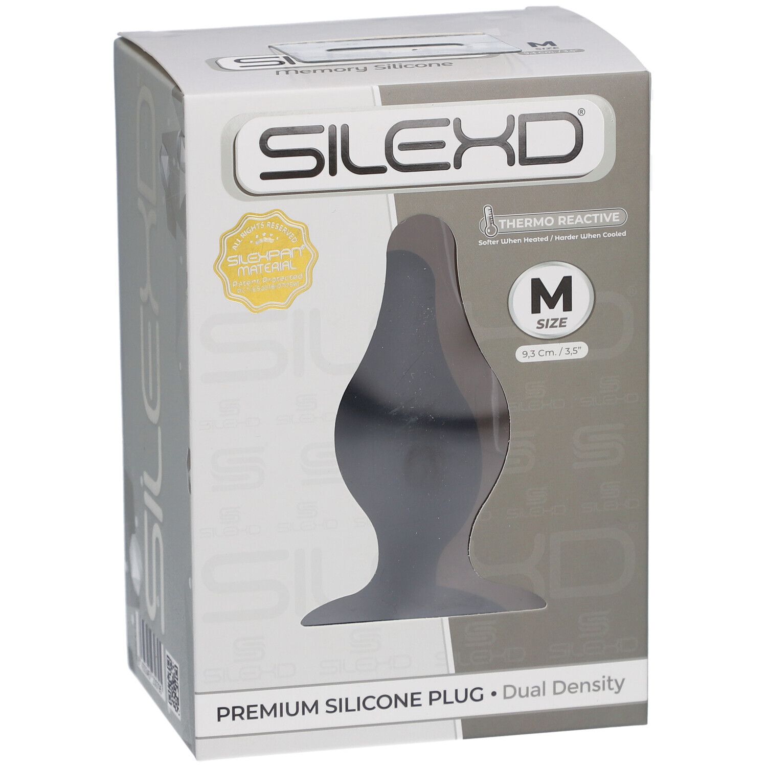 Fronte della confezione SilexD. Plug in silicone nero. Taglia M, 9,3 x 3,5 cm.