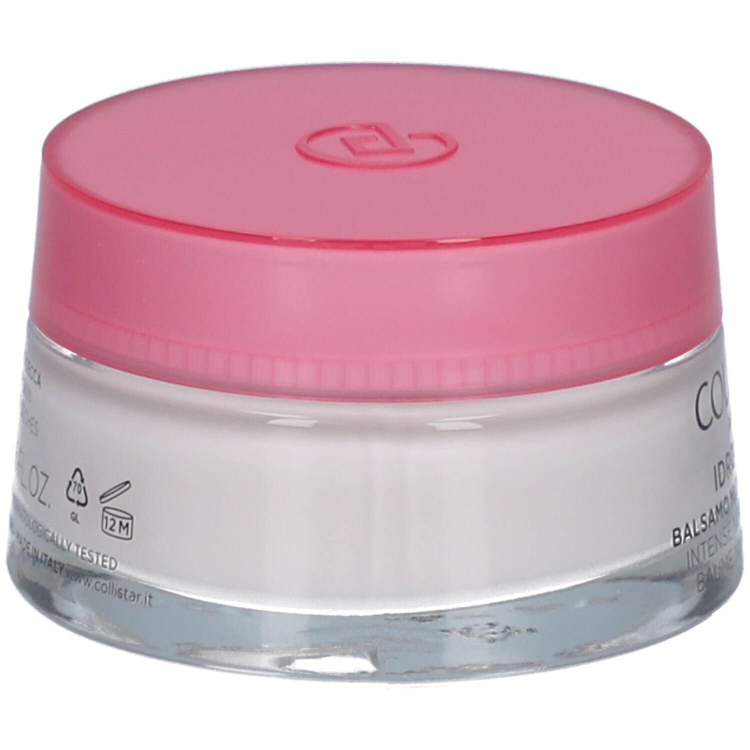 Vaso di crema con coperchio rosa. Scritta: Collistar, Idroattiva+, Balsamo Nutrimento Intenso.