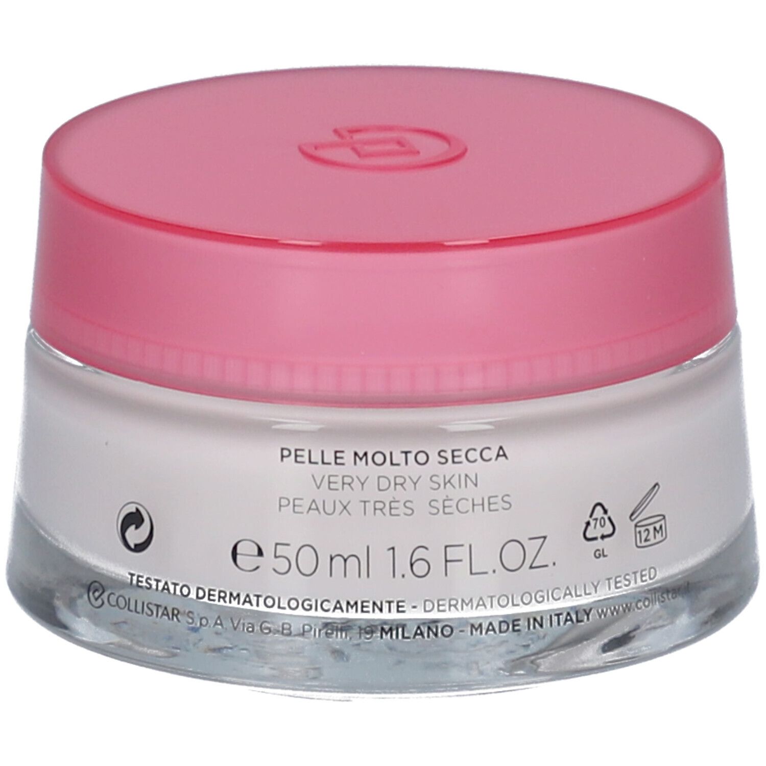 Vaso di crema con coperchio rosa. Scritta: Collistar, Idroattiva+, Balsamo Nutrimento Intenso. Per pelli molto secche.