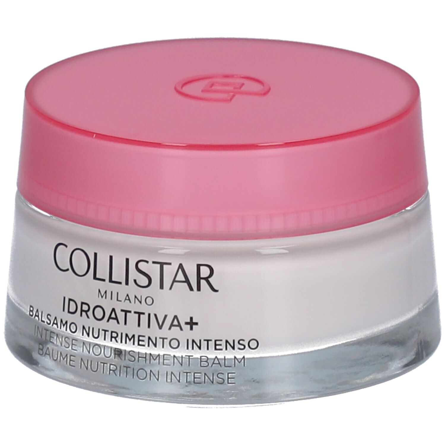 Vaso di crema con coperchio rosa. Scritta: Collistar, Idroattiva+, Balsamo Nutrimento Intenso.