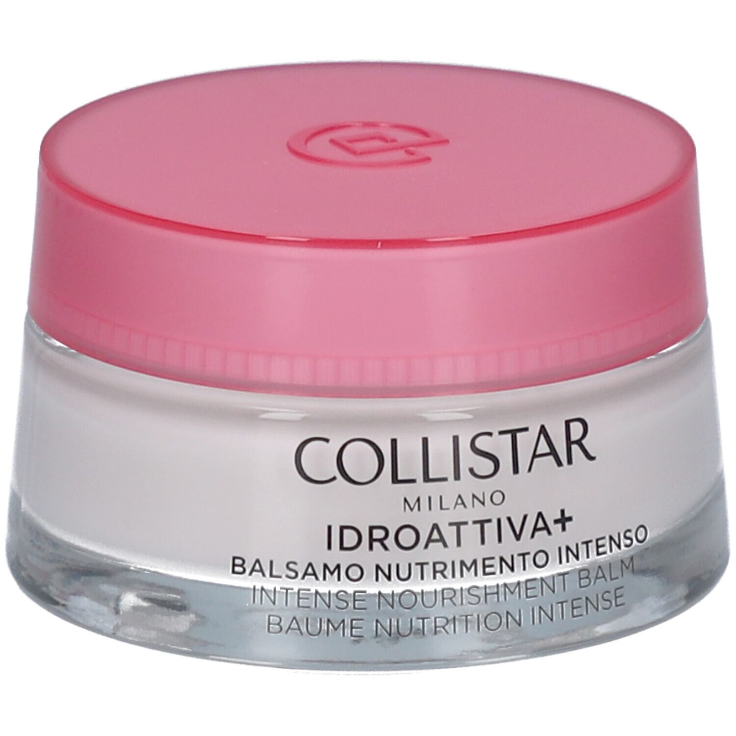 Vaso di crema con coperchio rosa. Scritta: Collistar, Idroattiva+, Balsamo Nutrimento Intenso.