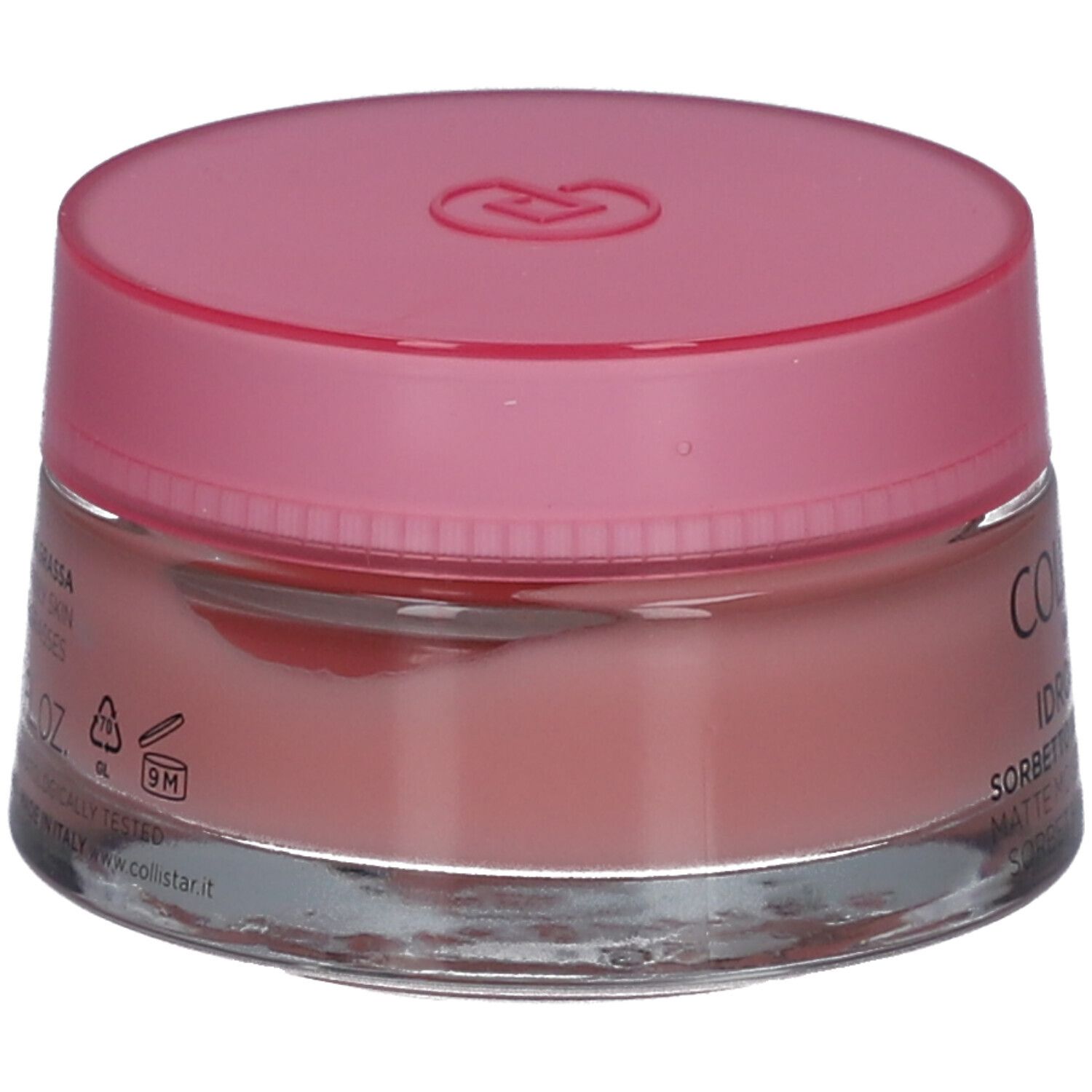 Vasetto rotondo con coperchio rosa. Scritta: COLLISTAR MILANO, IDROATTIVA+ Sorbetto Idratatione Mat.