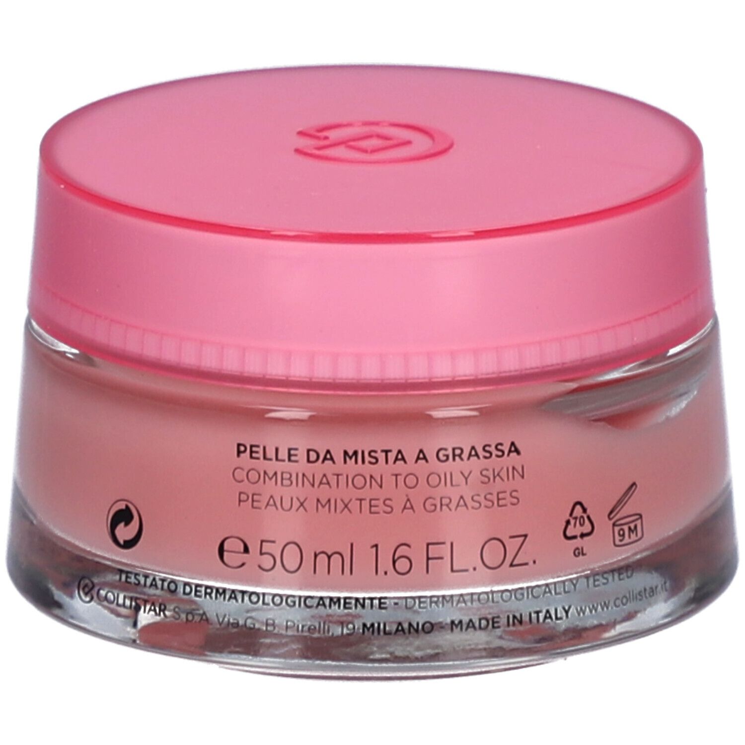 Vasetto rotondo con coperchio rosa. Scritta: COLLISTAR MILANO, IDROATTIVA+ Sorbetto Idratatione Mat.
