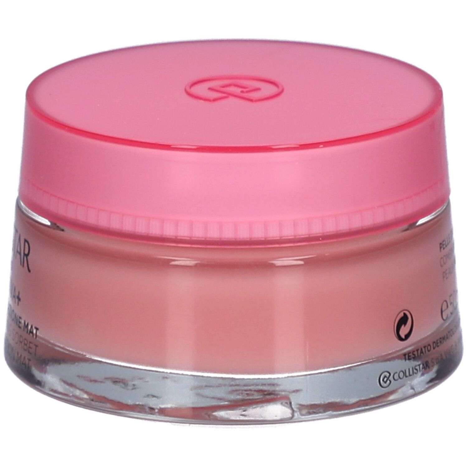 Vasetto rotondo con coperchio rosa. Scritta: COLLISTAR MILANO, IDROATTIVA+ Sorbetto Idratatione Mat.