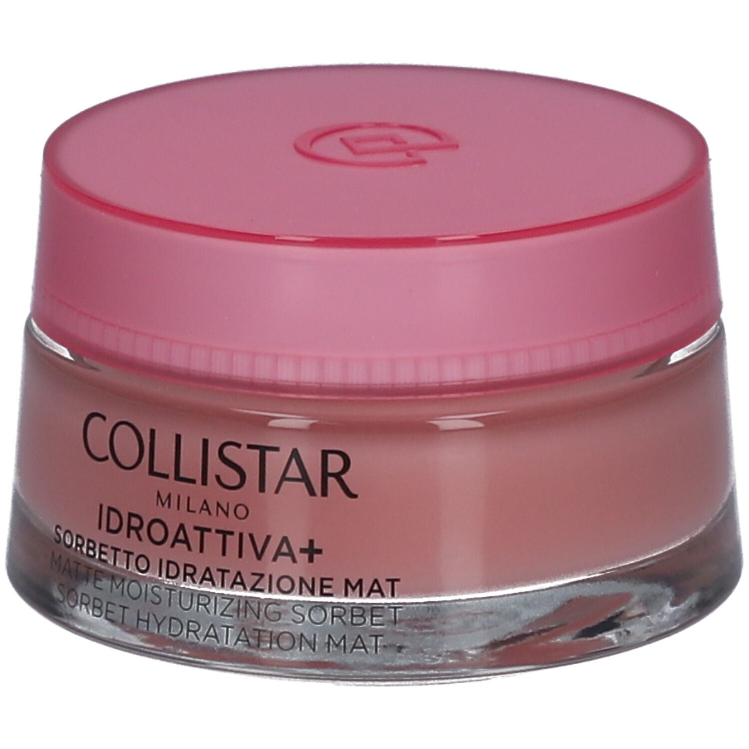Vasetto rotondo con coperchio rosa. Scritta: COLLISTAR MILANO, IDROATTIVA+ Sorbetto Idratatione Mat.