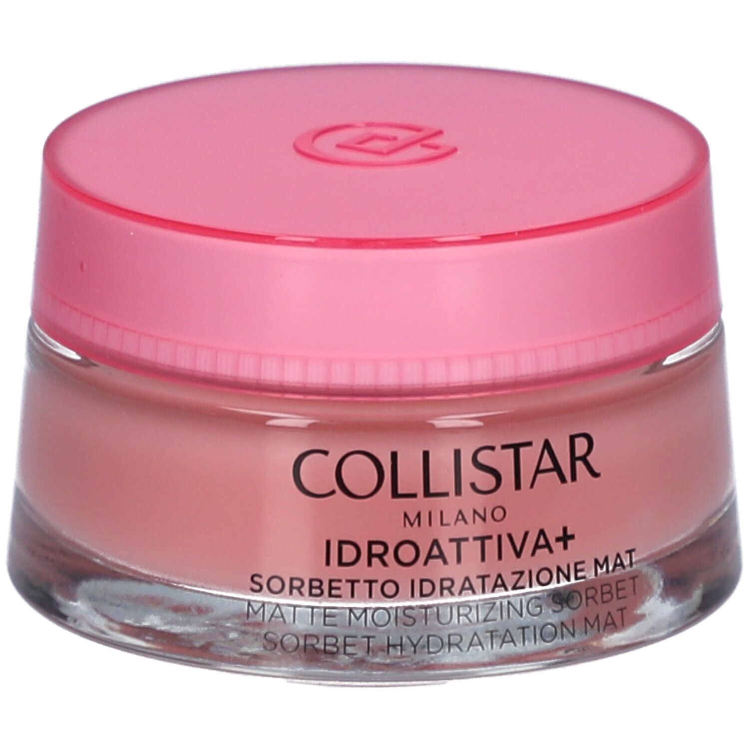 Vasetto rotondo con coperchio rosa. Scritta: COLLISTAR MILANO, IDROATTIVA+ Sorbetto Idratatione Mat.