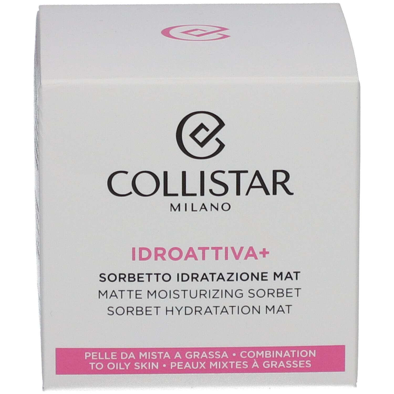 Confezione del prodotto. Scritta: COLLISTAR MILANO, IDROATTIVA+ Sorbetto Idratatione Mat.