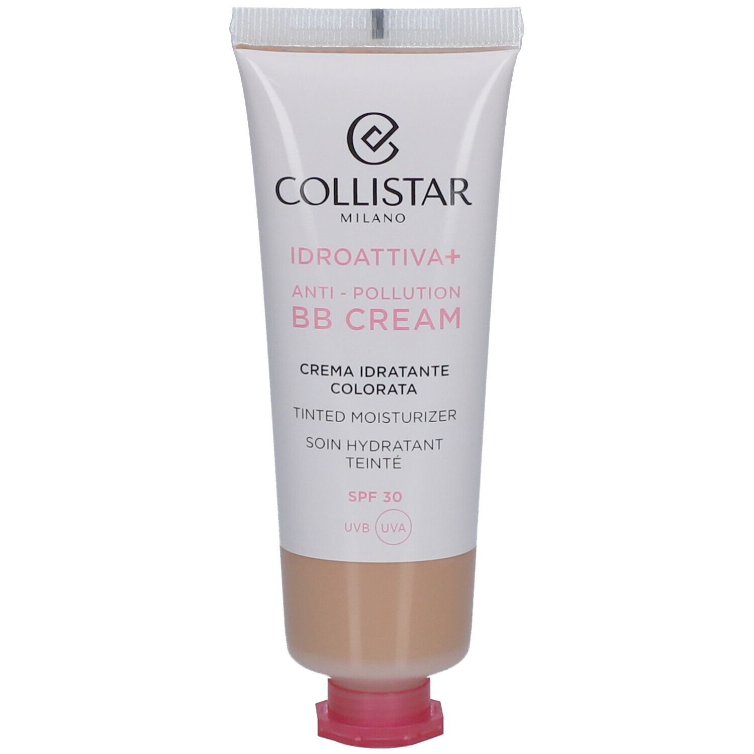 Tubo di crema colorata Collistar. Tubo bianco e beige con crema marrone. SPF 30. Testo in italiano e inglese.