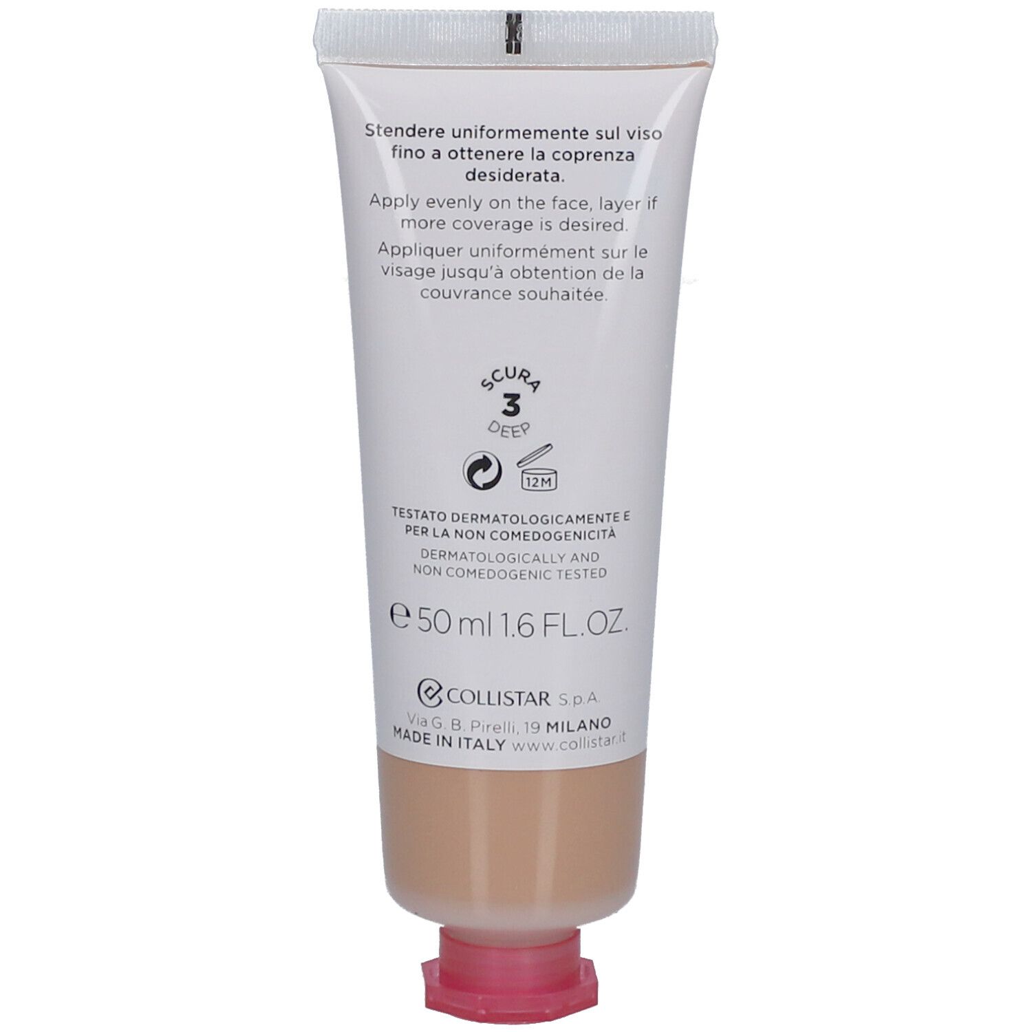 Retro del tubo di crema colorata Collistar. Testo in italiano e inglese. 50 ml. Dermatologicamente testato.