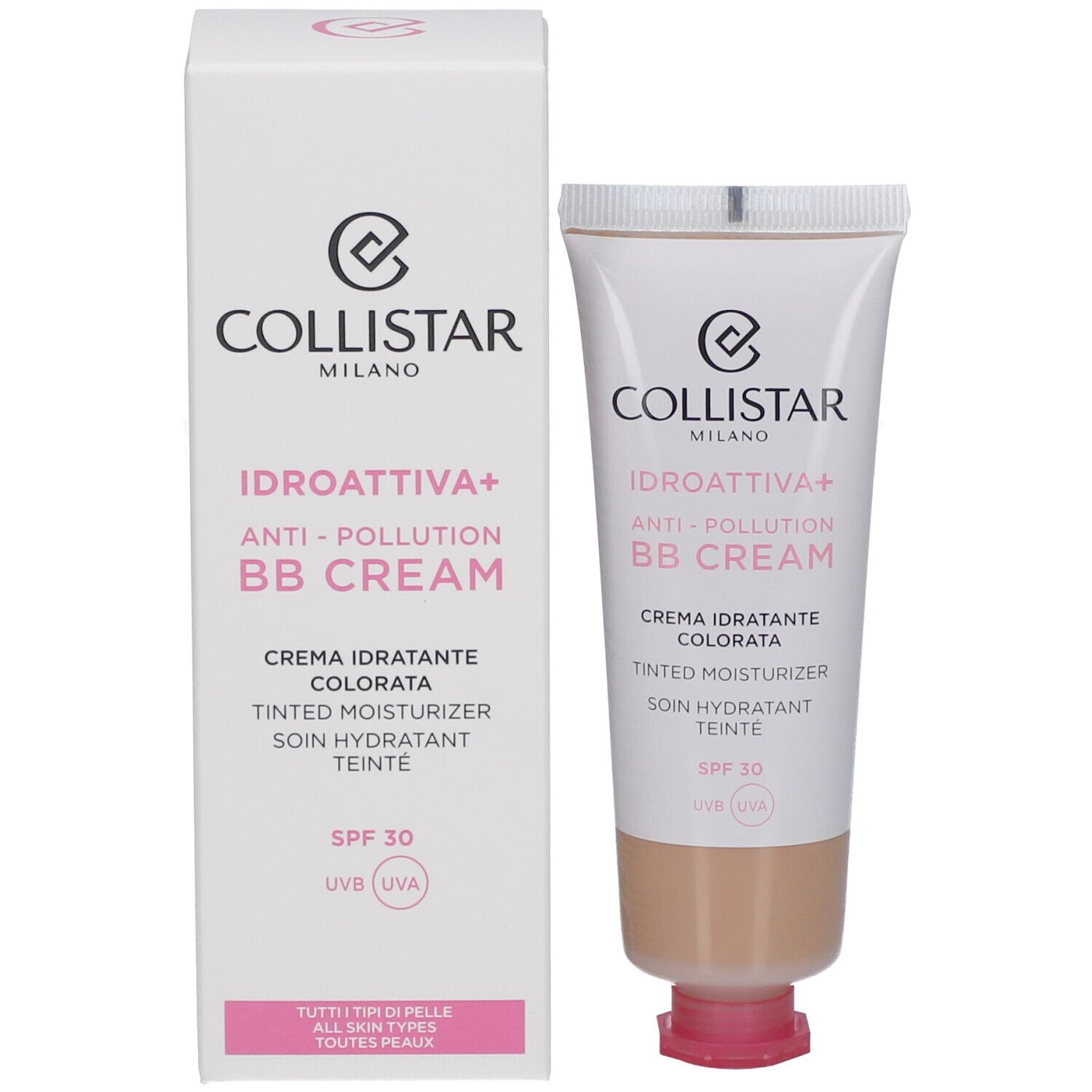 Collistar BB Cream e confezione. Confezione bianca con tubo. Testo in italiano e inglese. SPF 30.