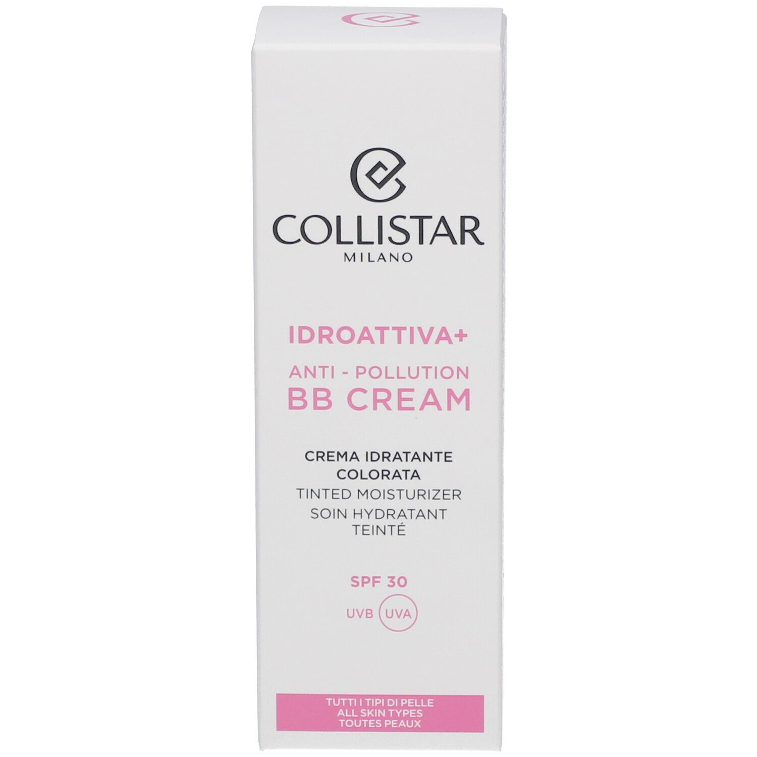 Confezione della crema colorata Collistar. Confezione bianca con testo in italiano e inglese. SPF 30.