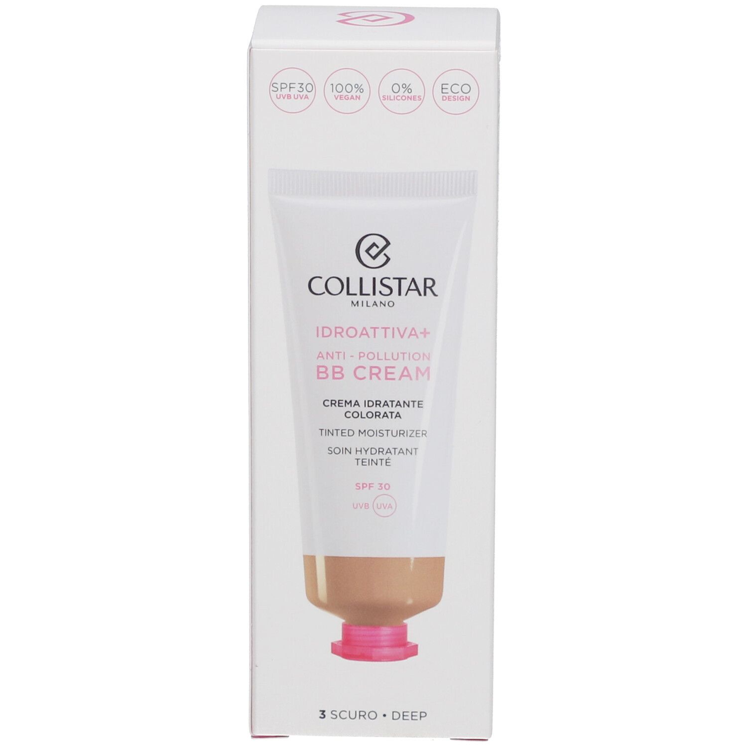 Collistar BB Cream con confezione. Tubo e confezione. Testo in italiano e inglese. SPF 30.