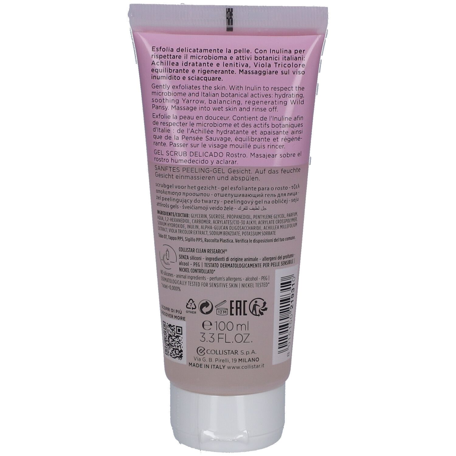 Retro del tubo. Testo multilingue. Ingredienti e informazioni. 100 ml, 3.3 FL.OZ. Logo "Collistar".