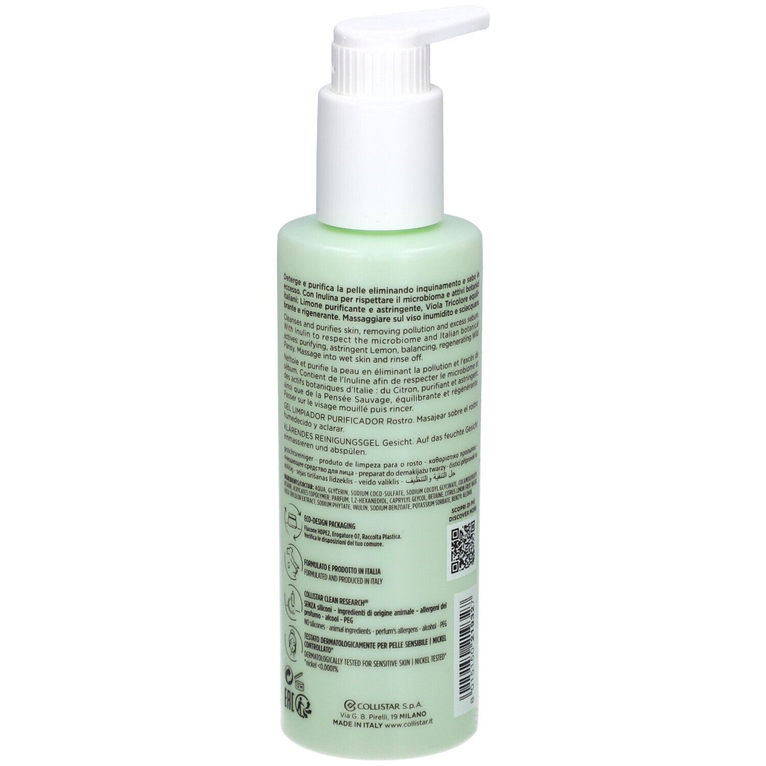 Flacone verde con dosatore bianco. Retro con testo e QR code. Collistar Milano, 200ml.