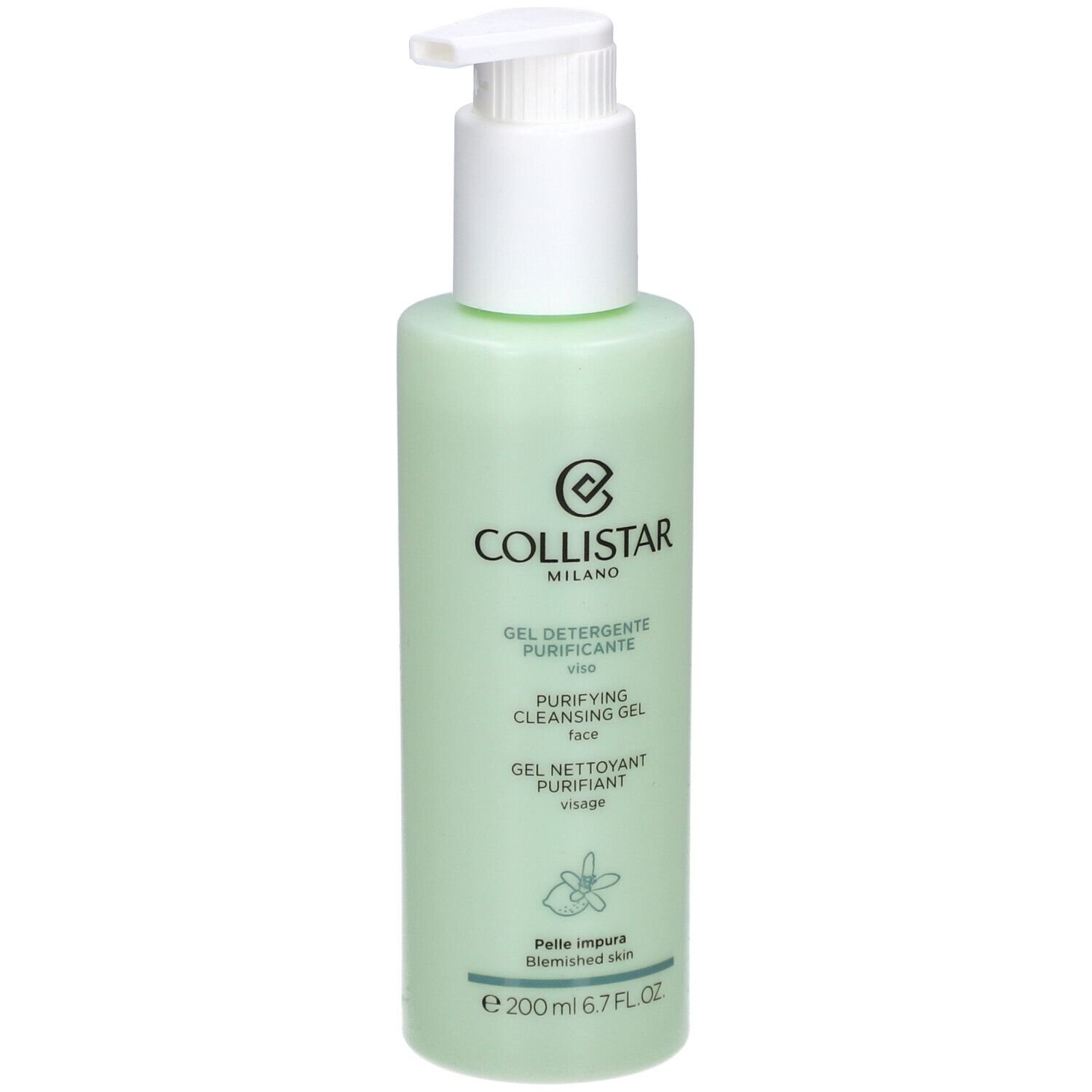 Flacone verde con dosatore bianco. Scritta: Collistar Milano, Gel Detergente Purificante, 200ml.