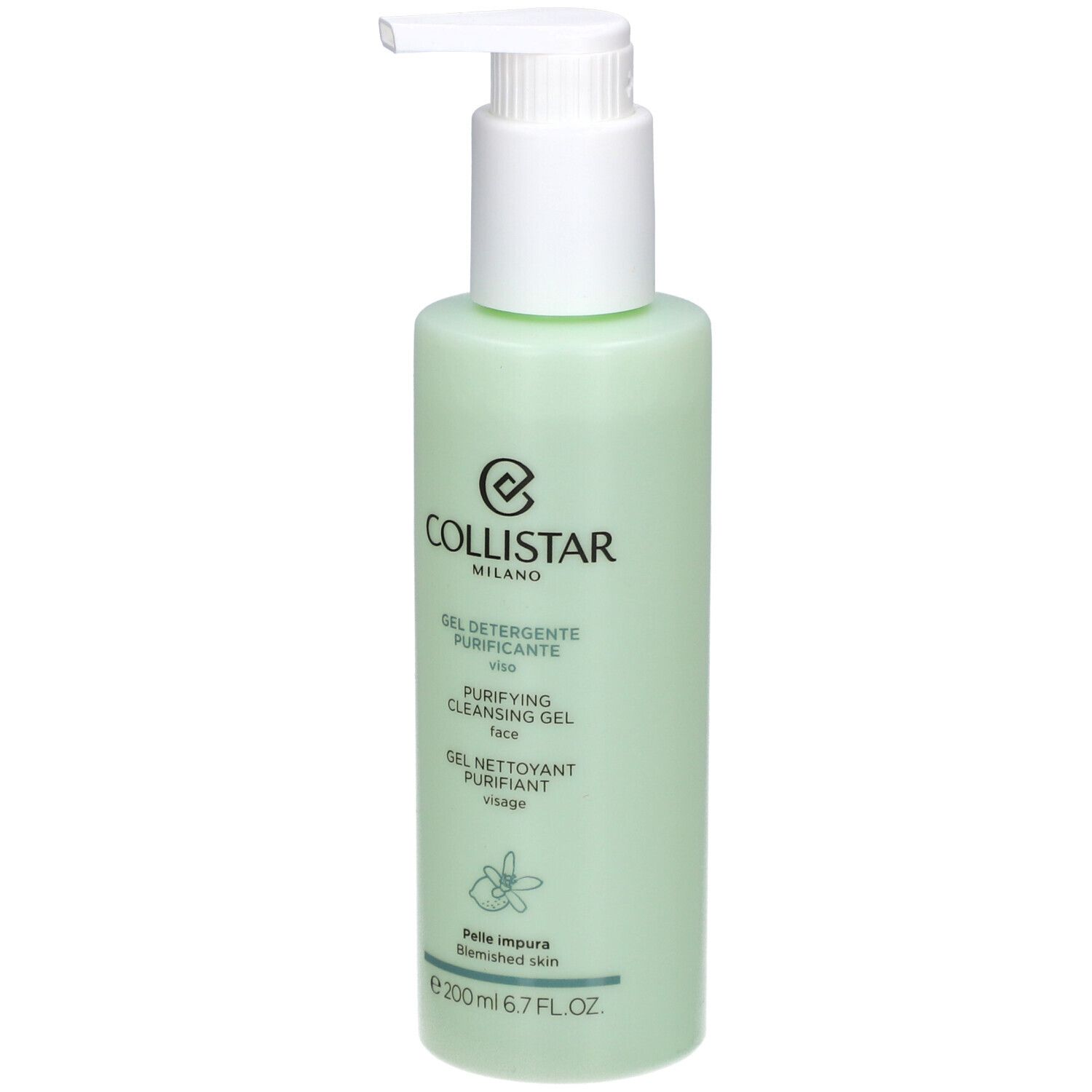 Flacone verde con dosatore bianco. Scritta: Collistar Milano, Gel Detergente Purificante, 200ml.