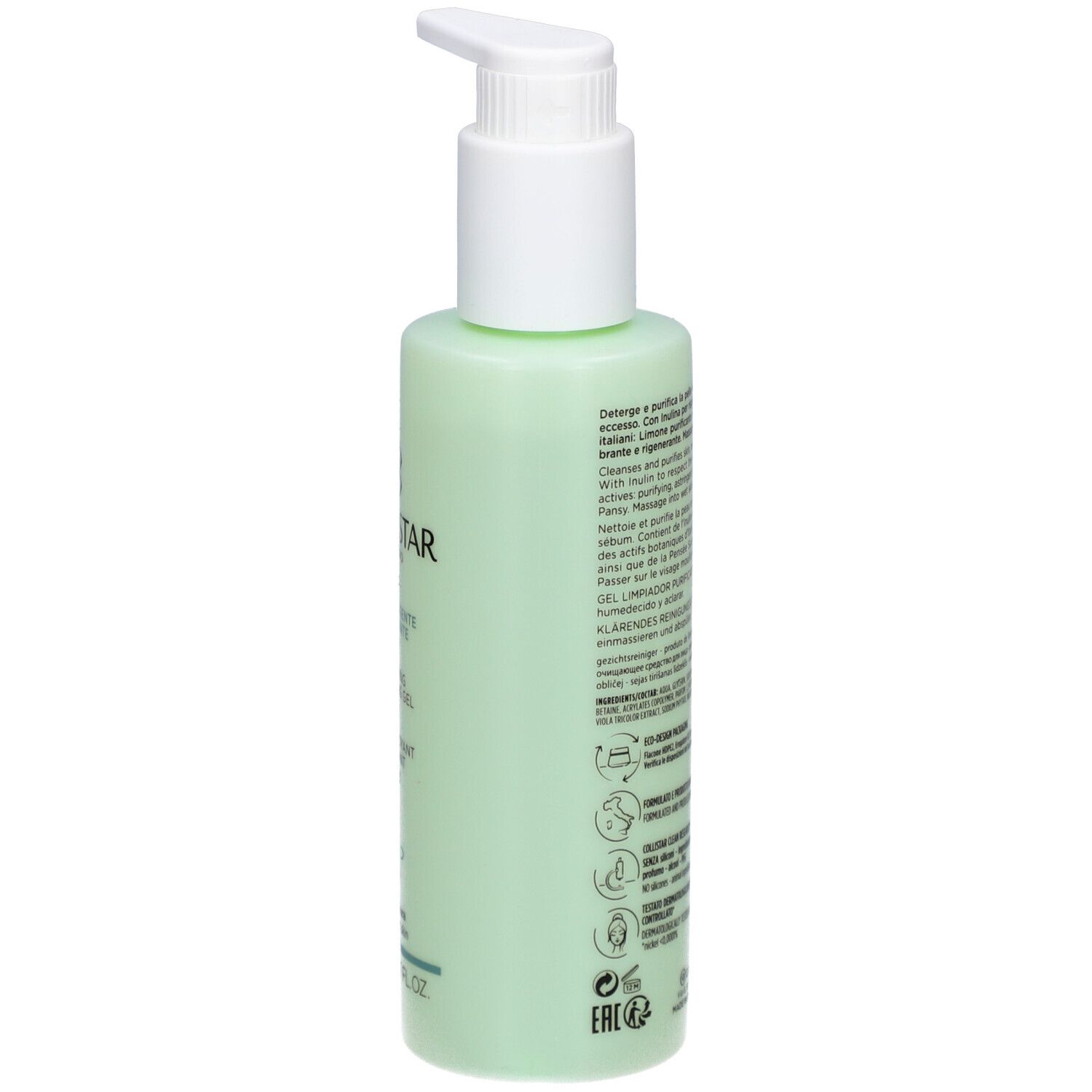 Flacone verde con dosatore bianco. Retro con testo. Collistar Milano, 200ml.
