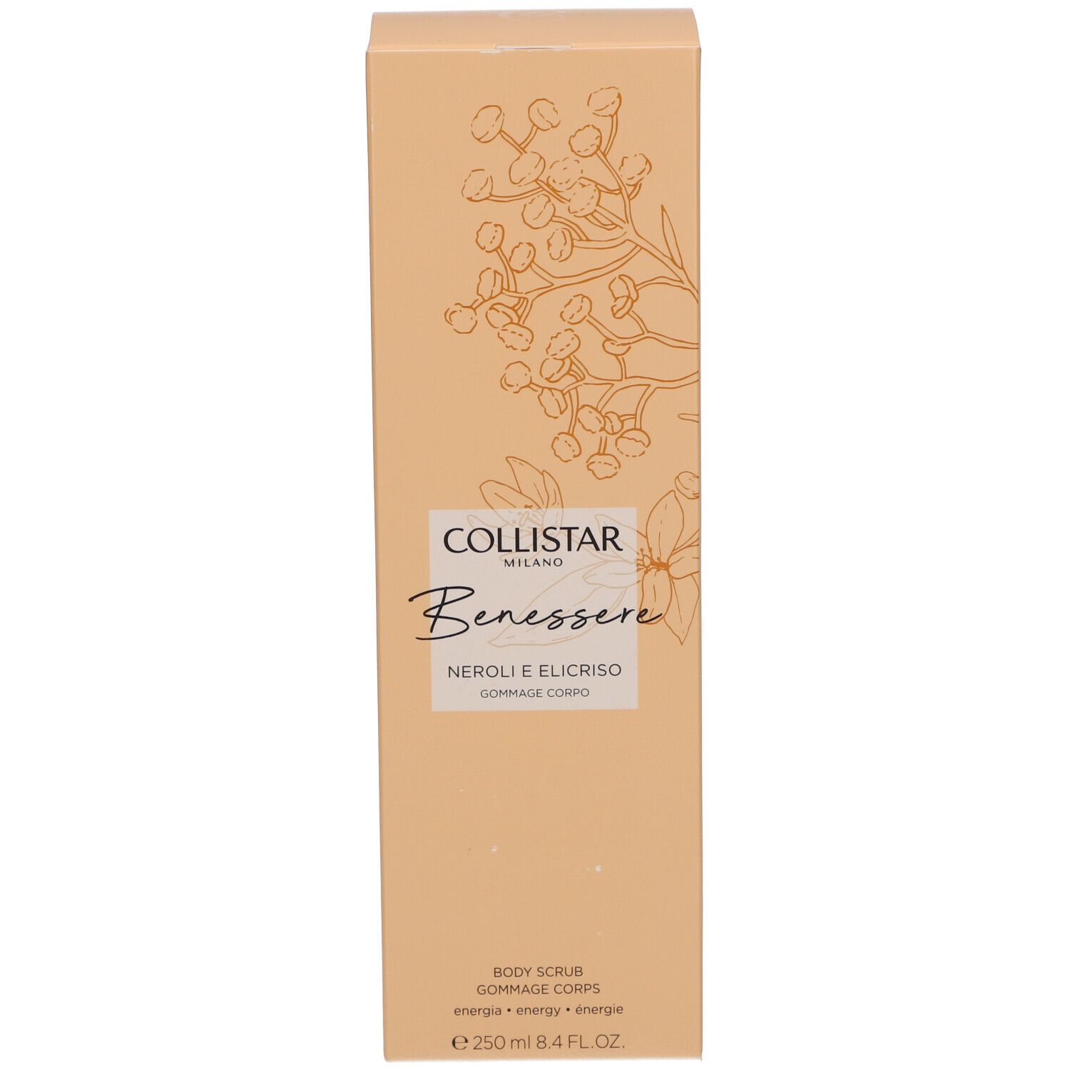 Scatola beige. Scritta: Collistar Milano, Benessere, Neroli e Elicriso, Gommage Corps. 250 ml.