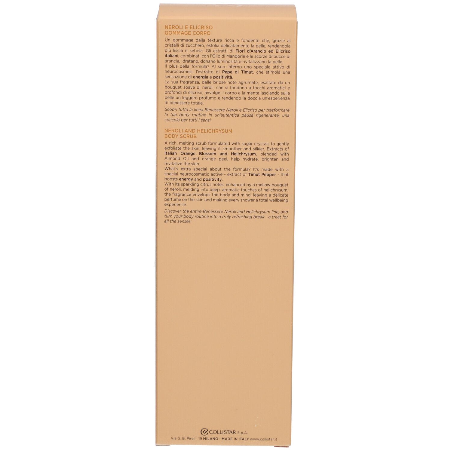 Retro della scatola. Testo in inglese e italiano. Scritta: Neroli and Helichrysum Body Scrub.