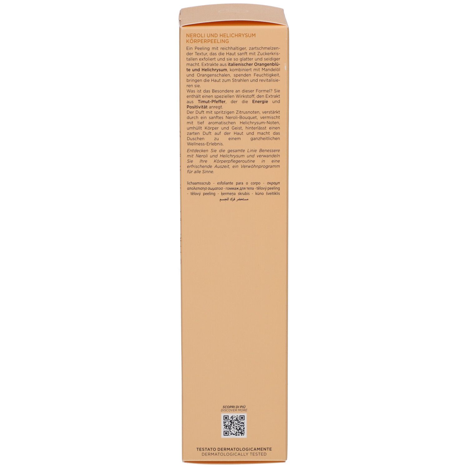 Retro della scatola. Testo in tedesco. Scritta: Neroli und Helichrysum Körperpeeling.