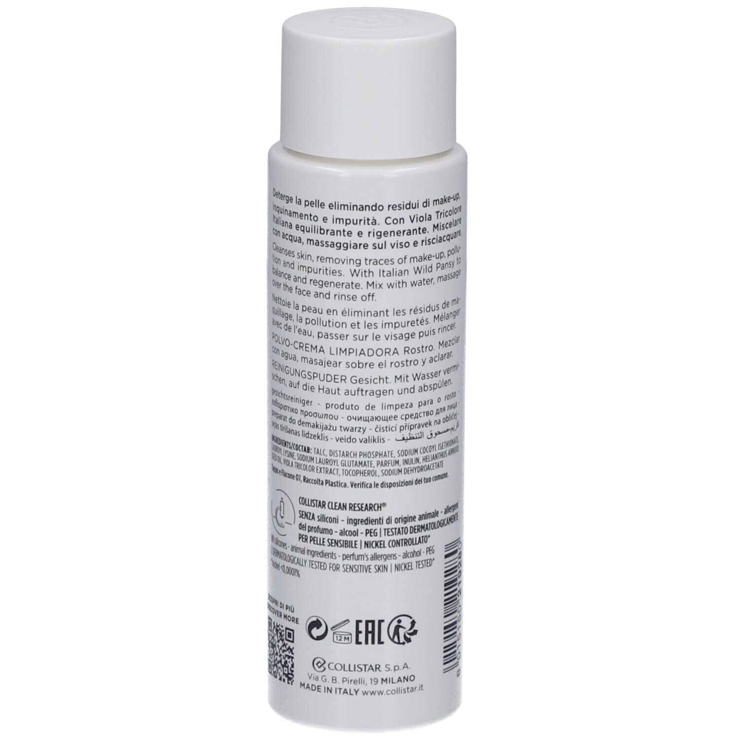 Flacone bianco con tappo. Testo in più lingue. Certificazioni e loghi.