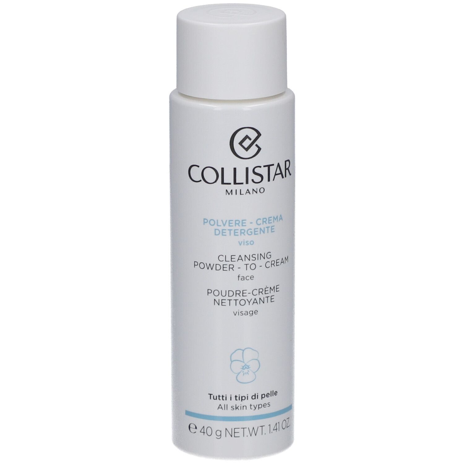 Flacone bianco con tappo. Scritta: Collistar Milano, Poudre-Crème Nettoyante Visage, 40 g.