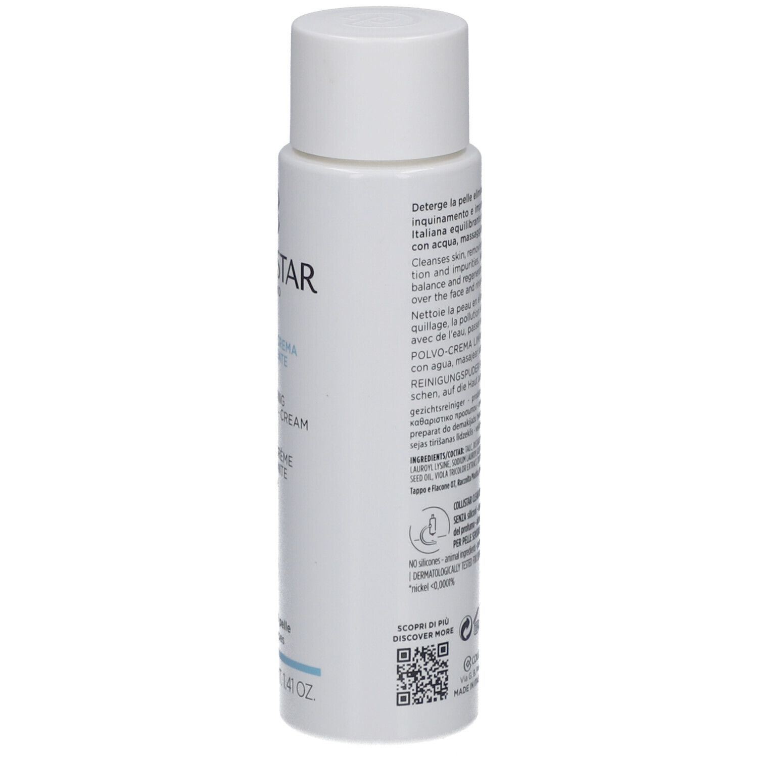 Flacone bianco con tappo. Testo in più lingue. Codice QR e loghi.