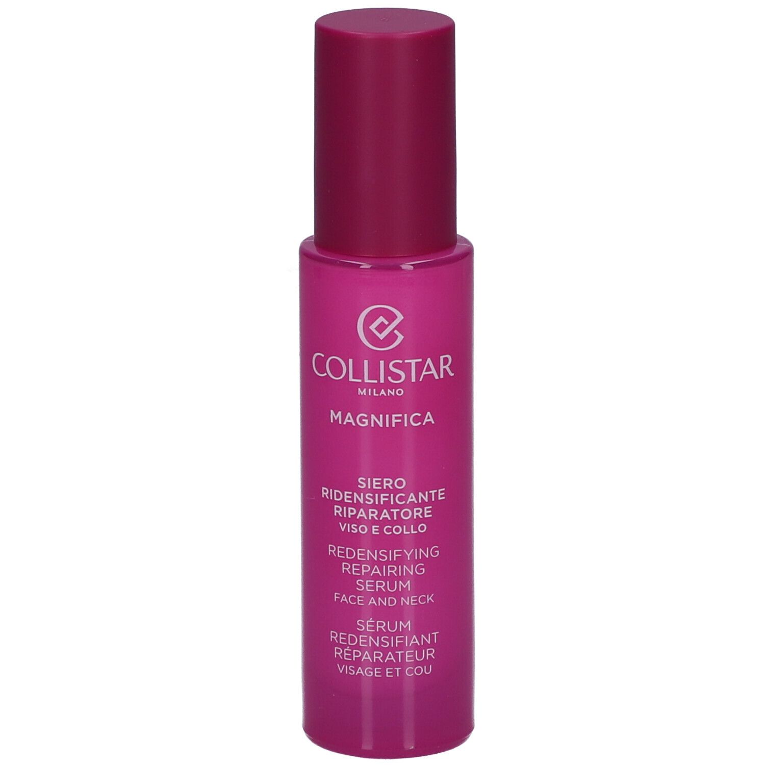 Flacone rosa di siero. Scritte: Collistar, Magnifica, Siero viso e collo.