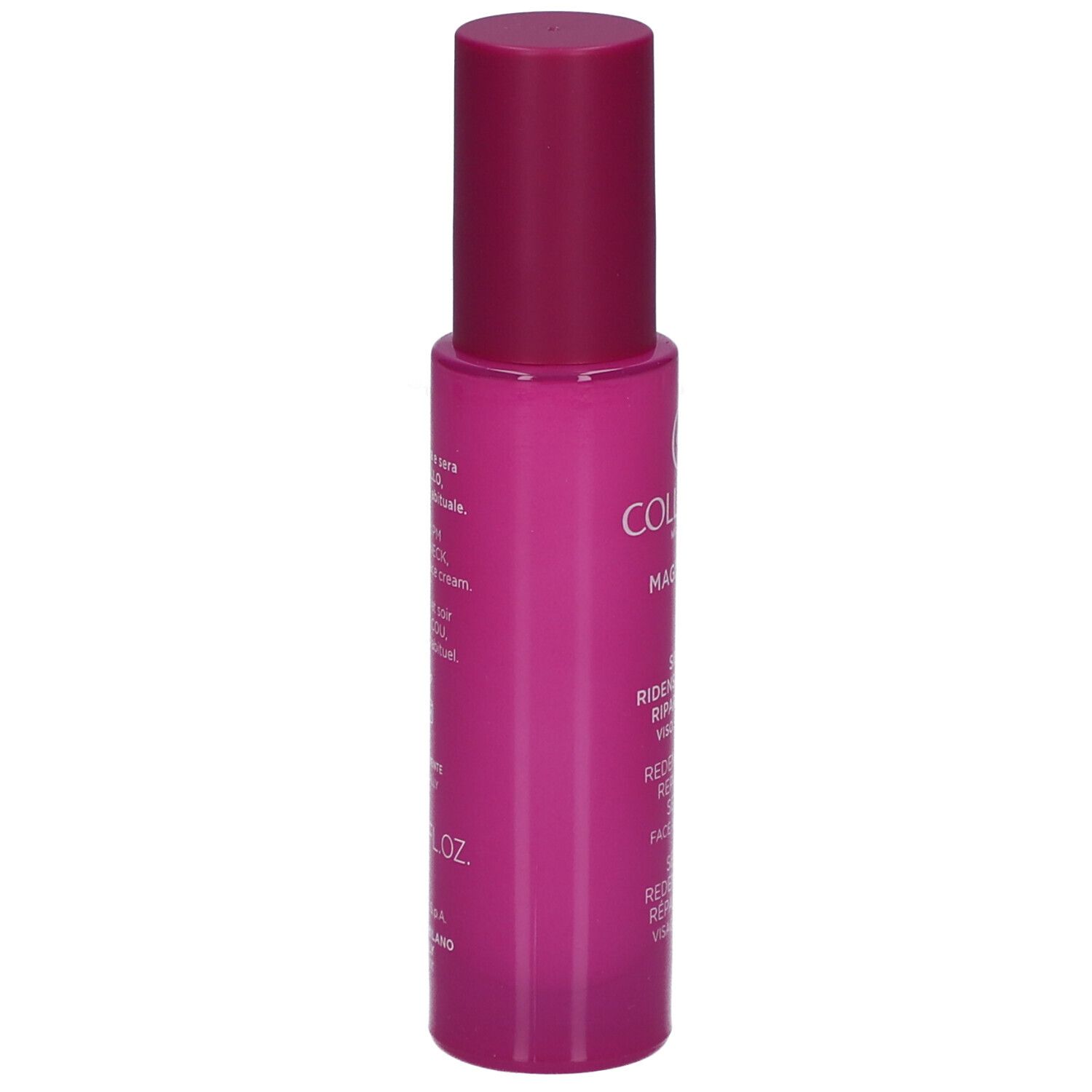 Retro di un flacone di siero rosa. Testo: Collistar, Magnifica, Siero, Redensifying Repairing Serum.