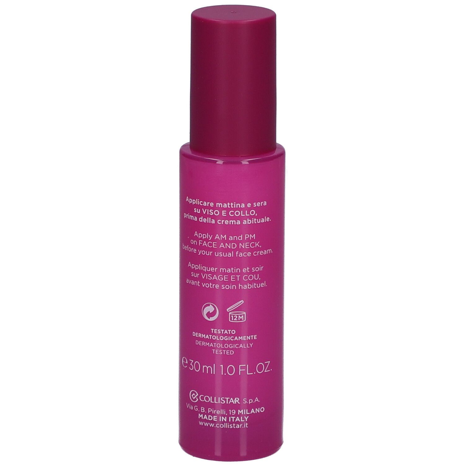 Flacone di siero rosa. Testo: Applicare mattina e sera, 30ml, Collistar, Made in Italy.