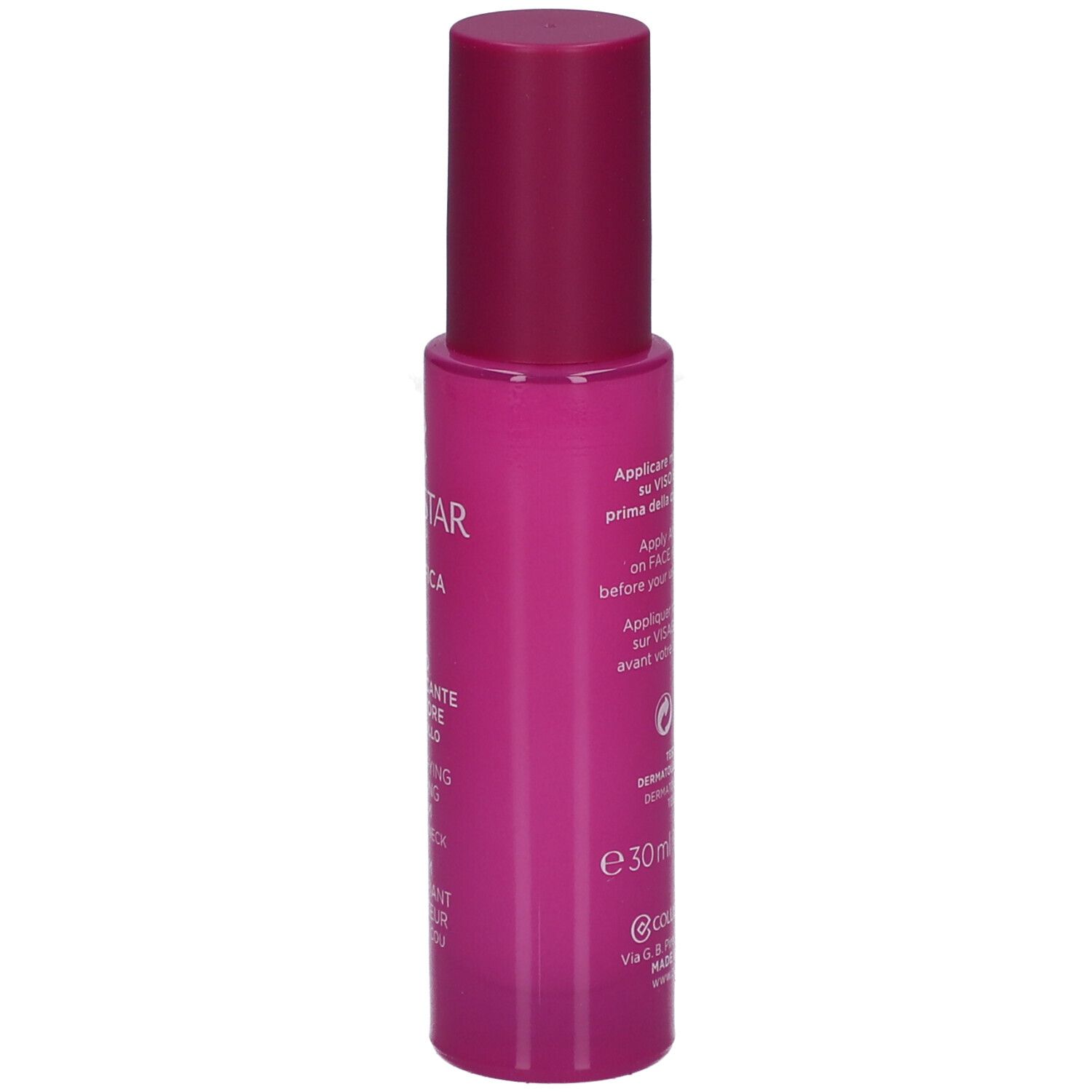 Flacone di siero rosa. Testo: Collistar, Magnifica, Siero, Redensifying Repairing Serum, 30ml.