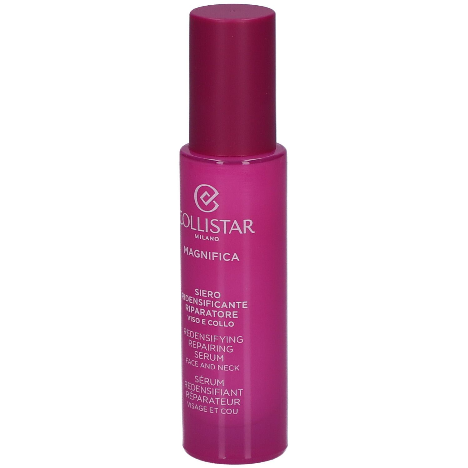 Flacone di siero rosa. Testo: Collistar, Magnifica, Siero, Redensifying Repairing Serum, 30ml.